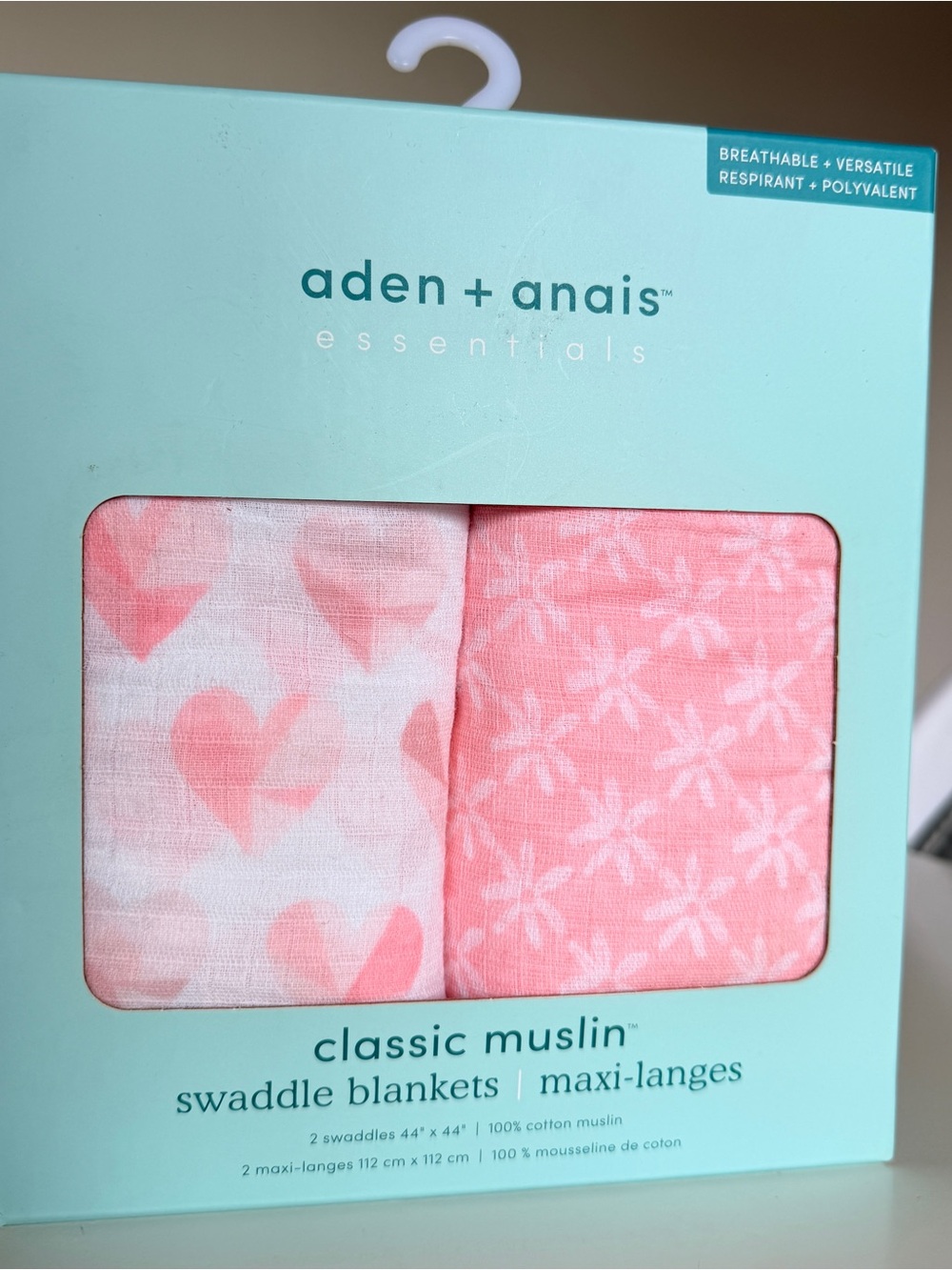aden + anais Essentials Pink Heart & Star Muslin Swaddle Blankets | NEW IN BOX